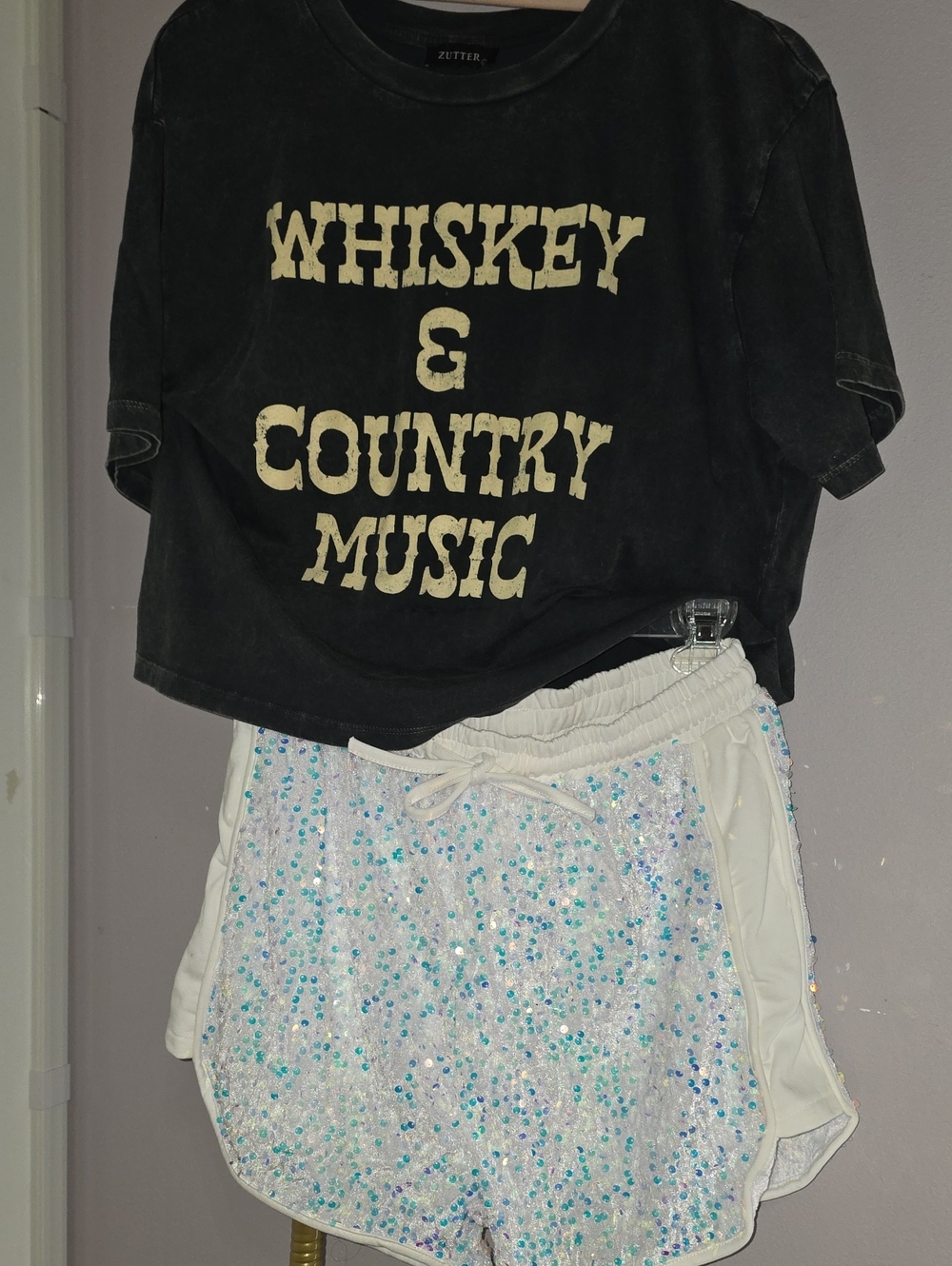 2 Pc Styled Set  Whiskey & COUNTRY Music + Sequin Shorts - White Sparkle